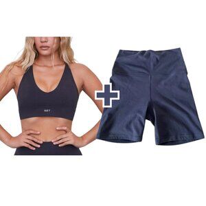 NWT SET ACTIVE Luxform Set (Razerback Bra and Biker Shorts) Color Storm Blue S/M